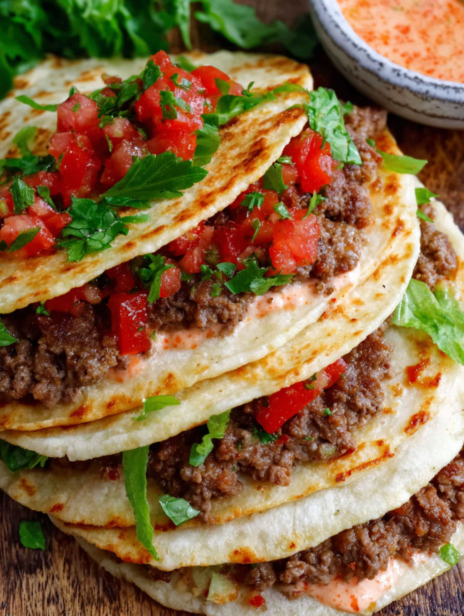 A stack of tacos with tomatoes and meat.