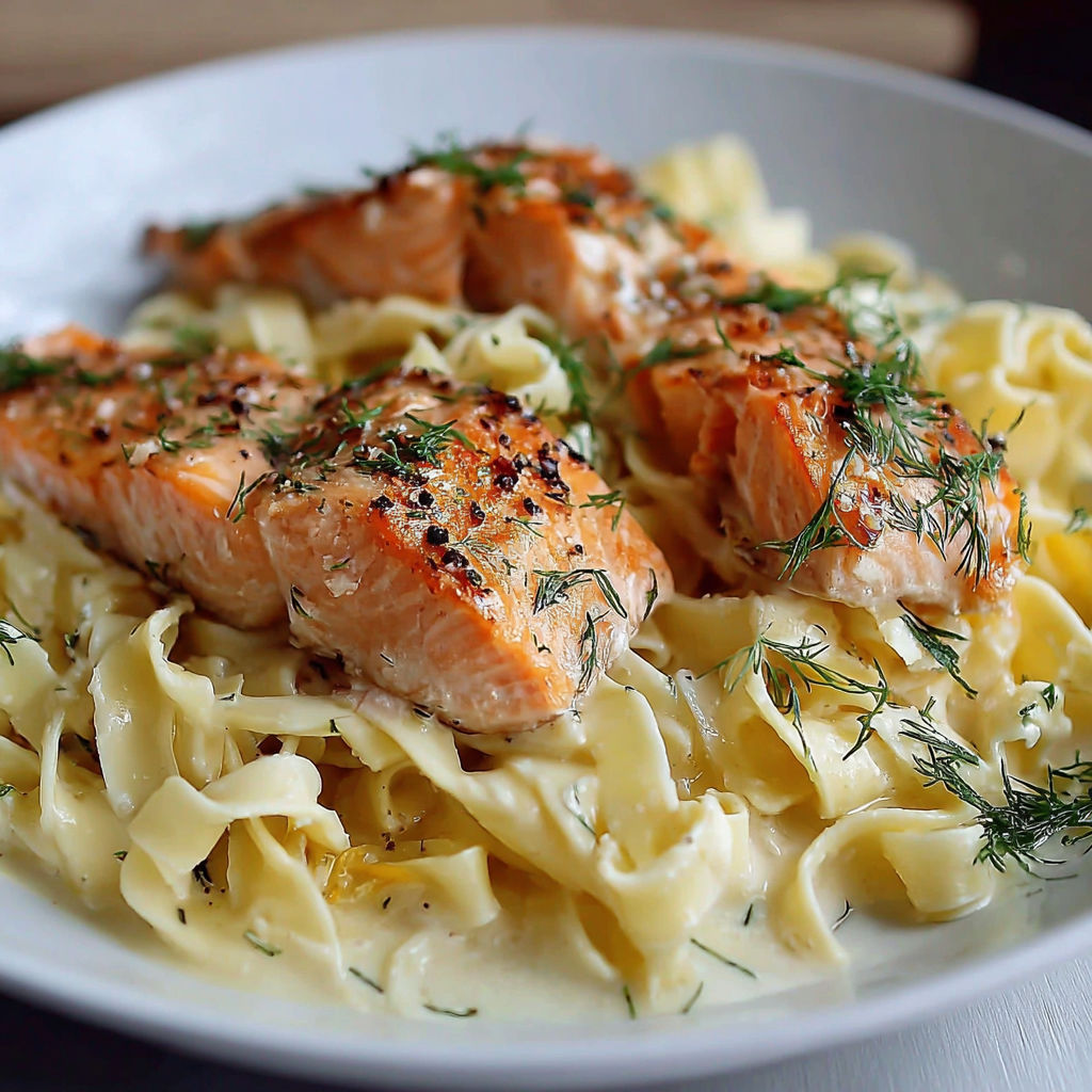 A plate of food with salmon and pasta.