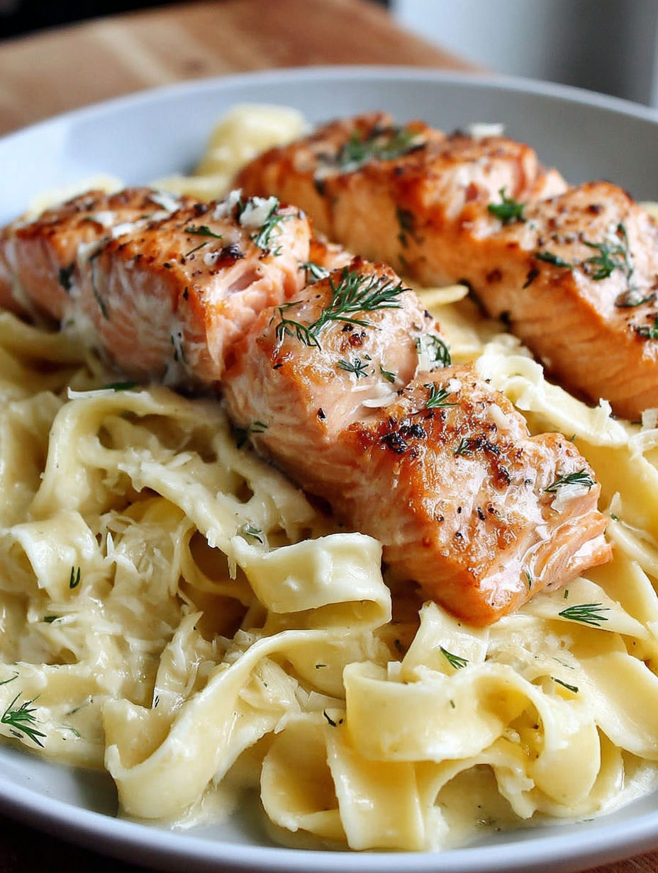 A plate of pasta with salmon on top.