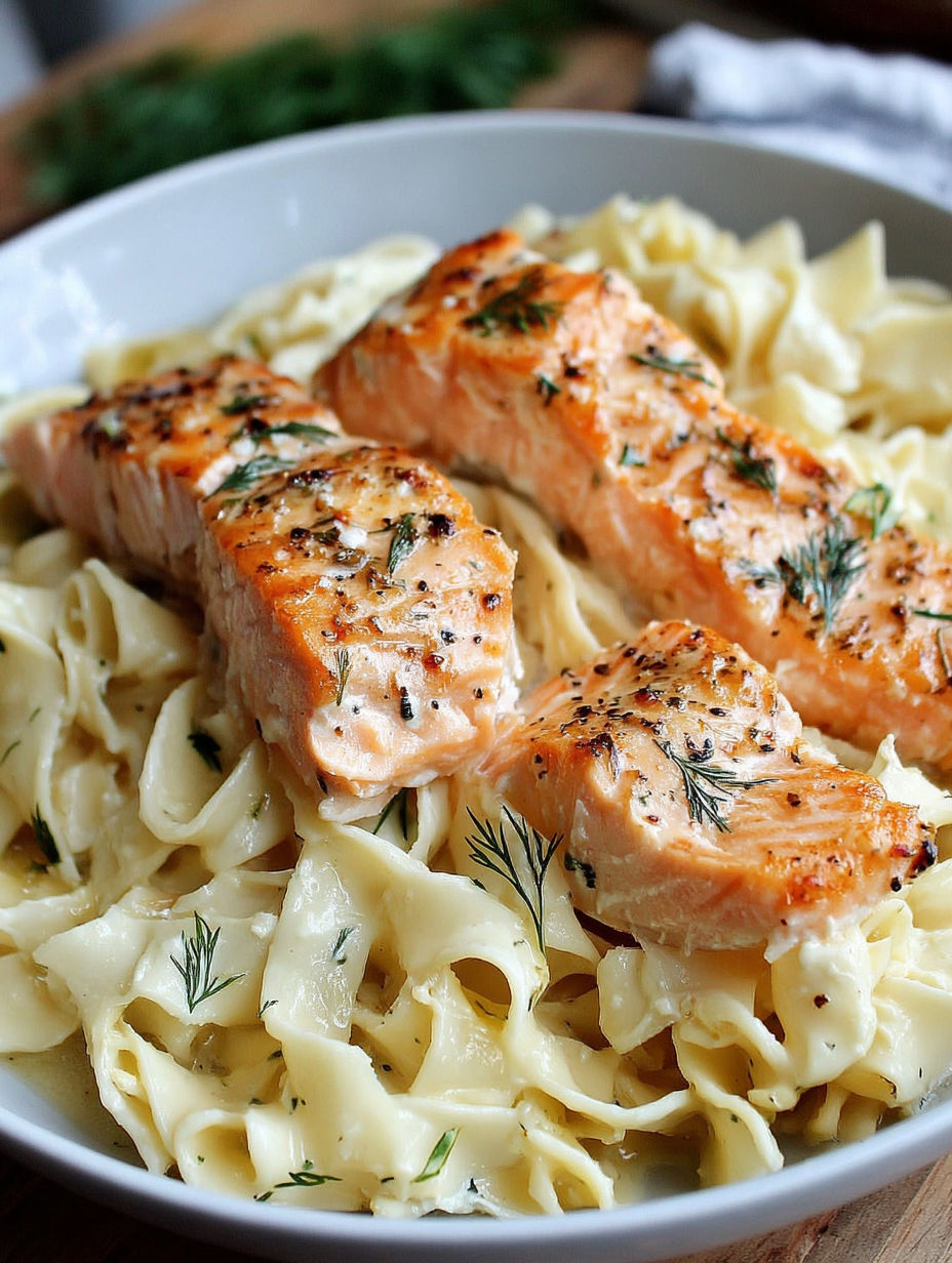 A dish of creamy lemon dill salmon pasta.