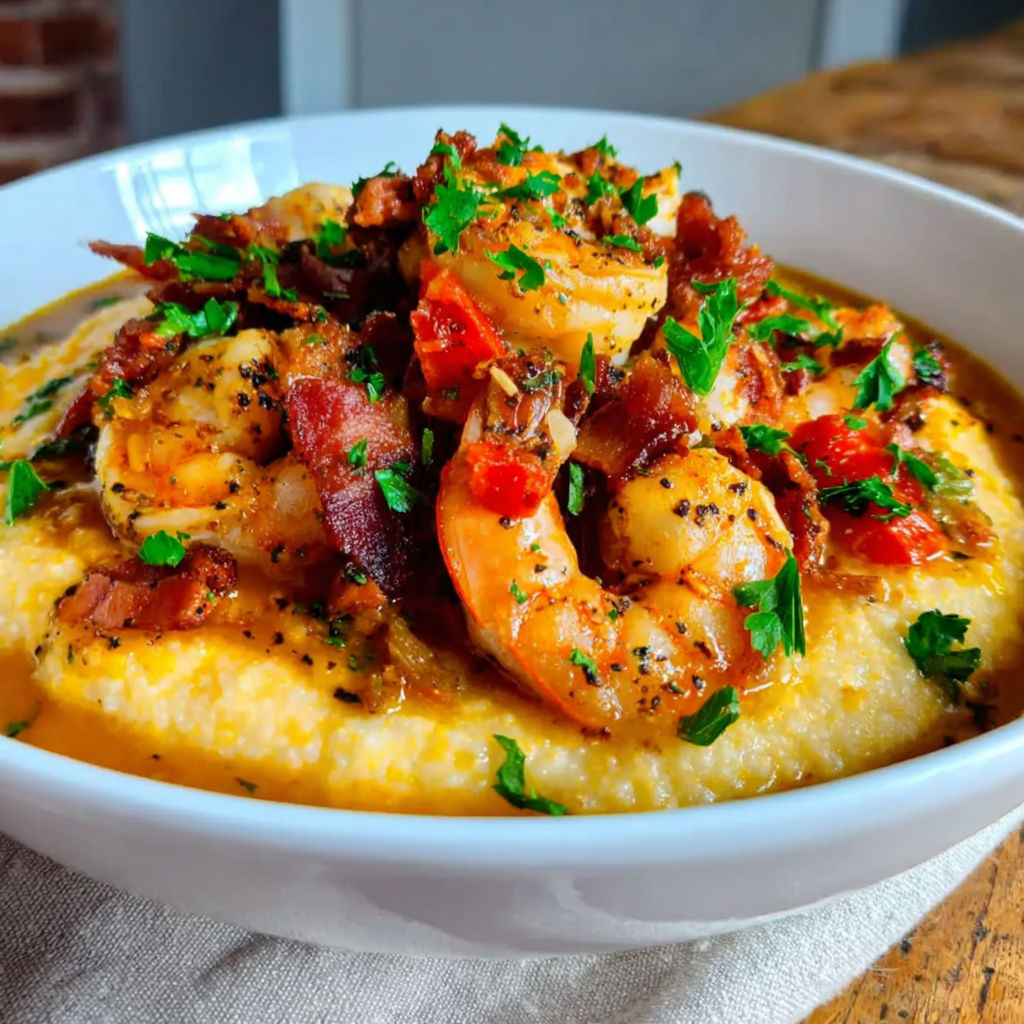 A bowl of shrimp grits with bacon and green onions.