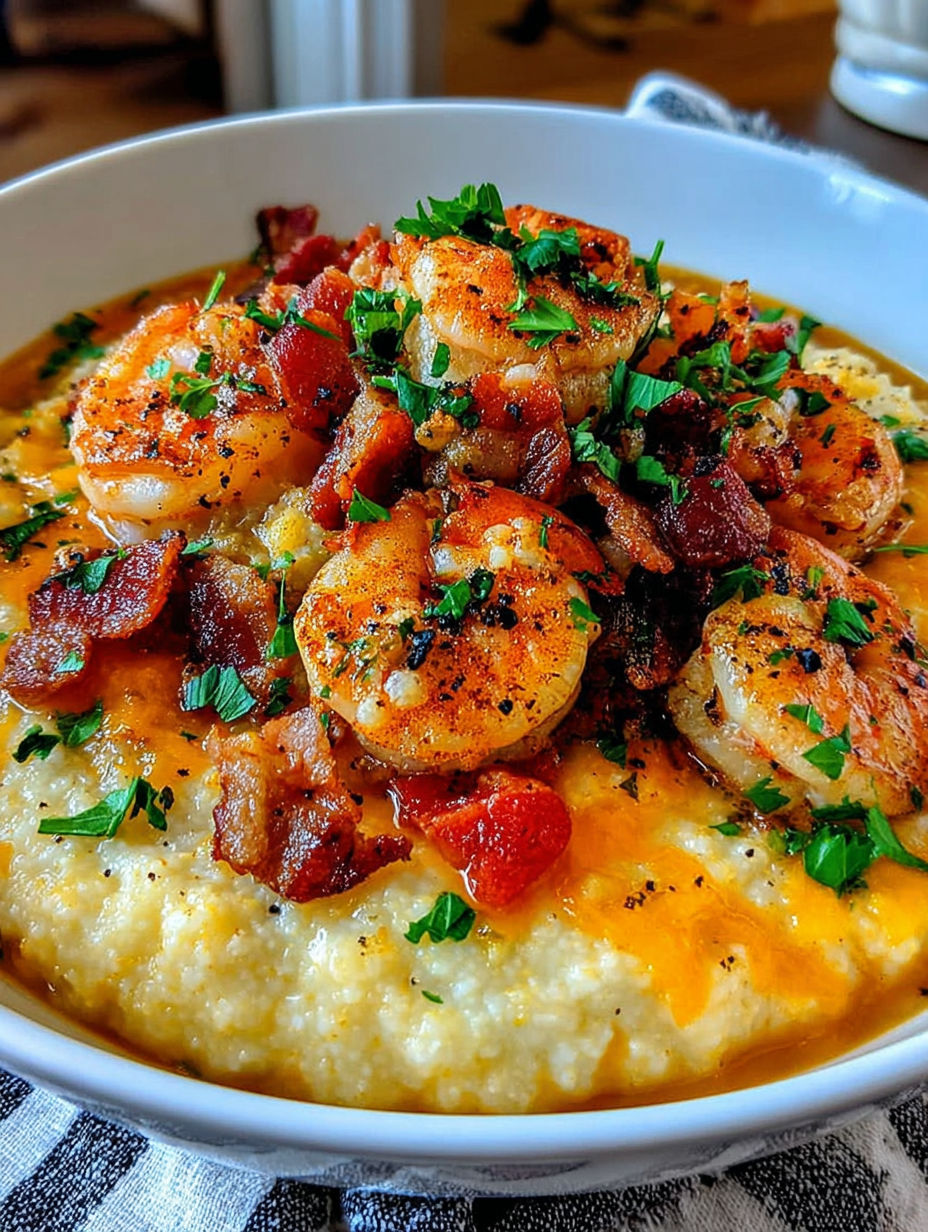 A bowl of shrimp grits with bacon and green onions.