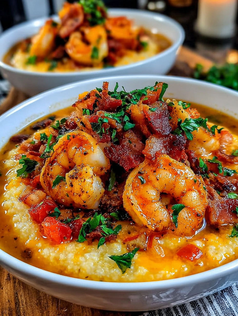 A bowl of shrimp grits with bacon.