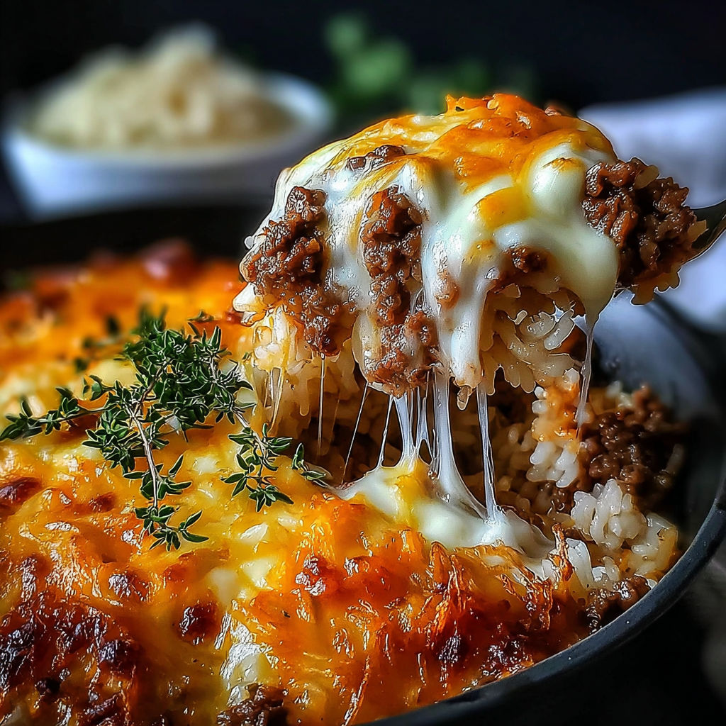 A fork is in a bowl of French Onion Beef Rice Bake.