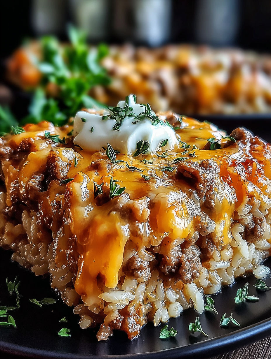 A close up of a French Onion Beef Rice Bake.