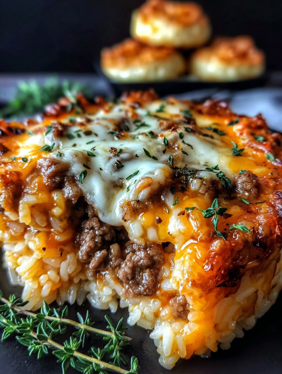 A close up of a French Onion Beef Rice Bake.