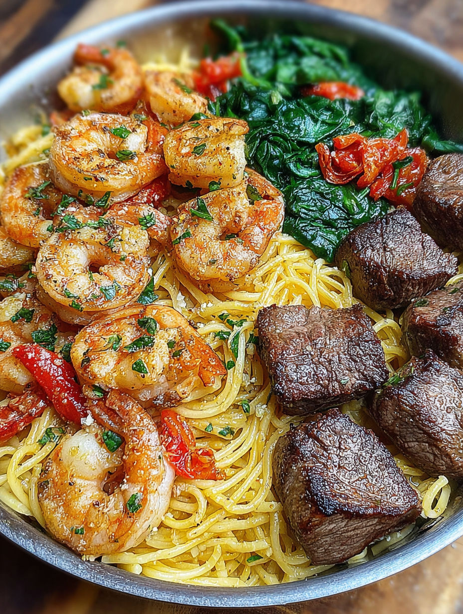 A bowl of shrimp, pasta, and greens.