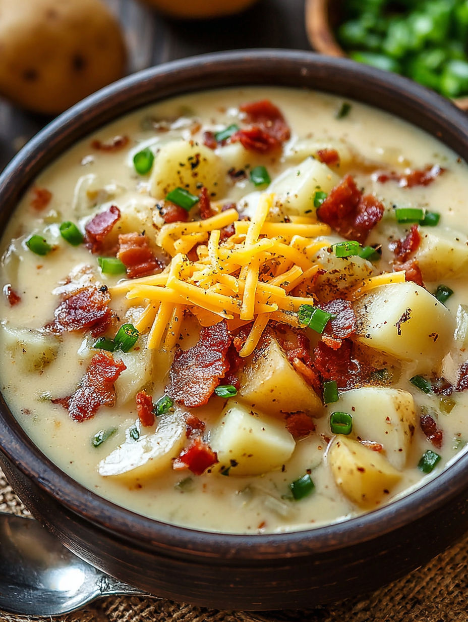 A bowl of soup with bacon and potatoes.
