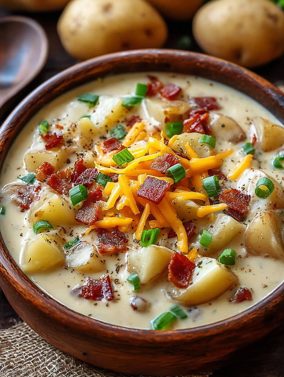 A bowl of soup with cheese and bacon.