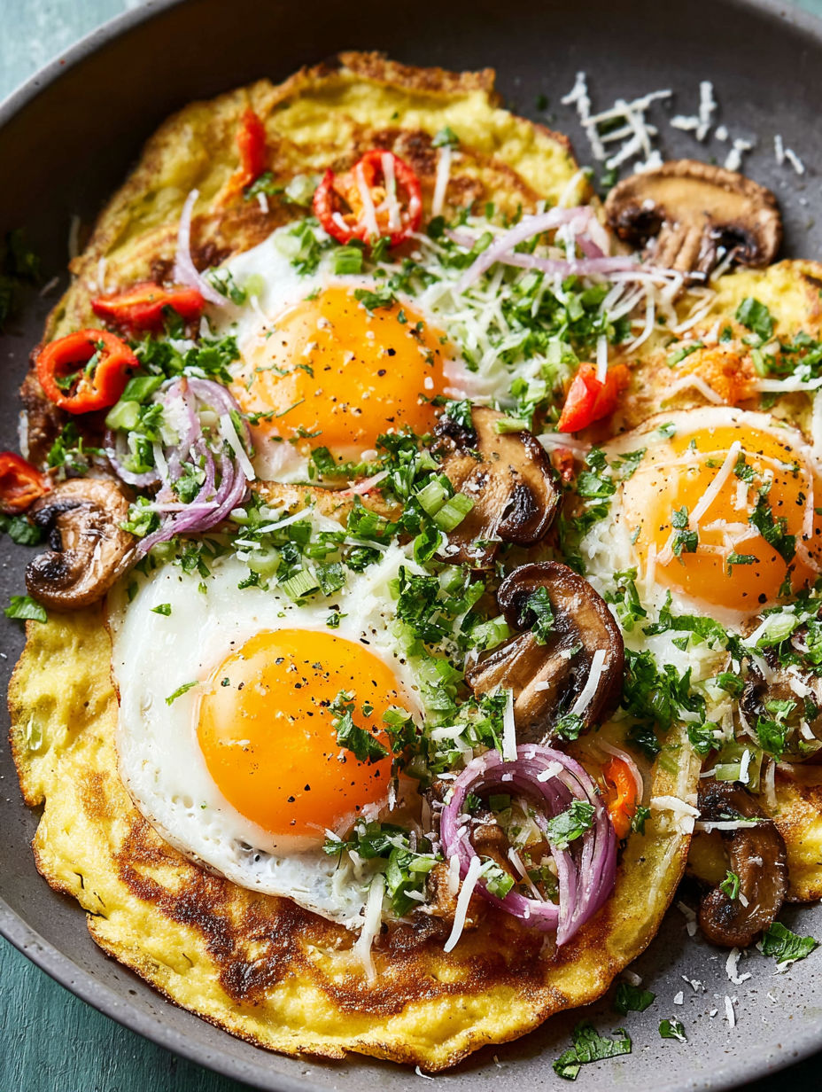 A delicious breakfast with eggs, mushrooms, onions, and peppers.