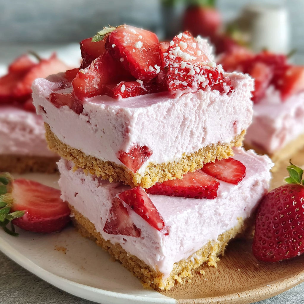 A slice of no bake strawberry cheesecake bars.