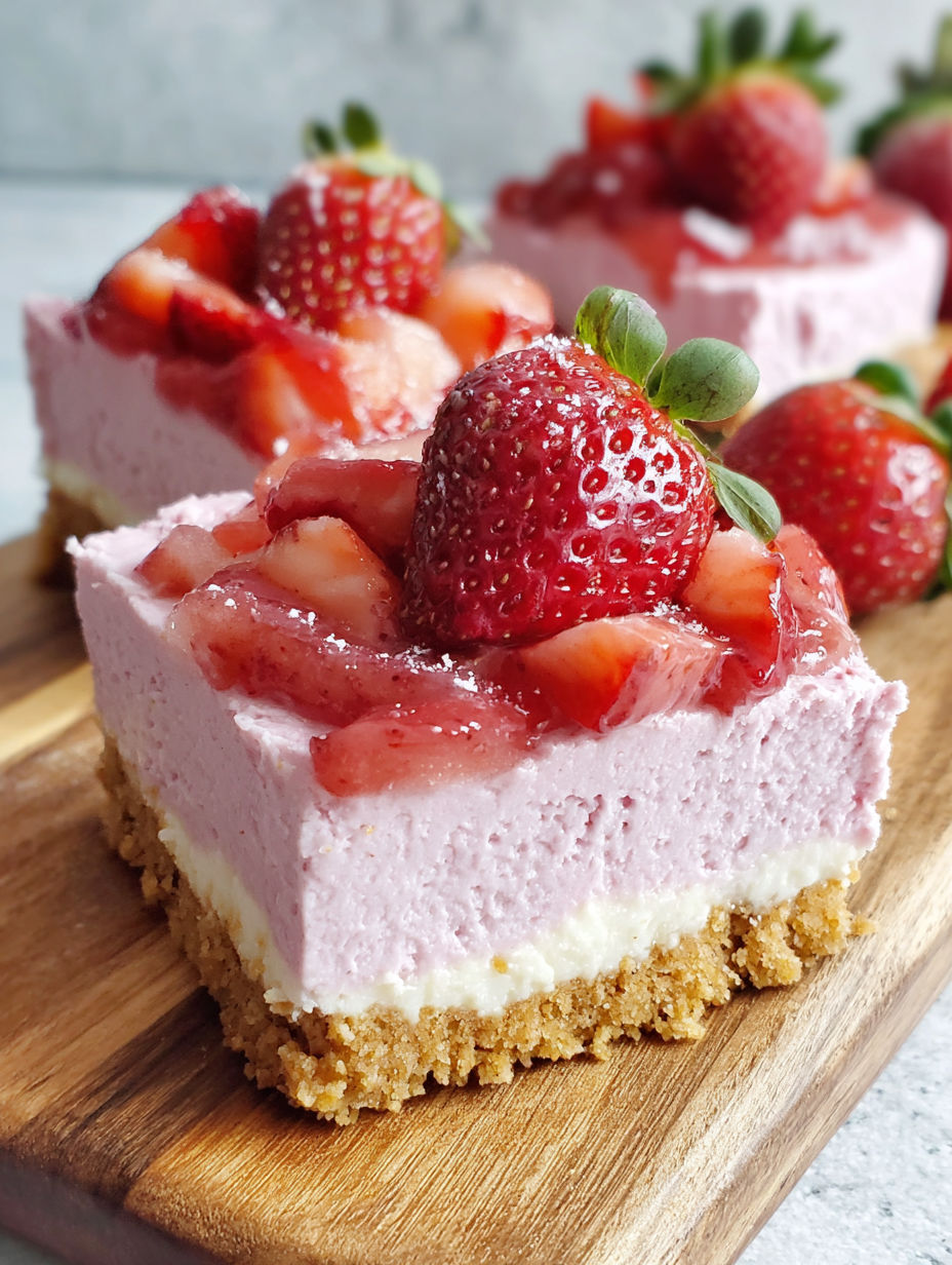 A slice of no bake strawberry cheesecake bars.