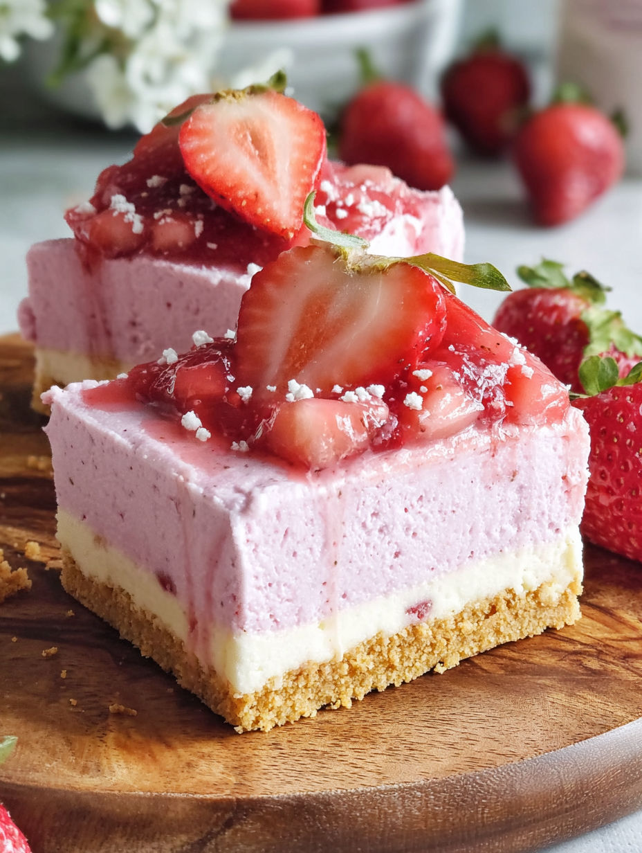 A slice of no bake strawberry cheesecake bars.