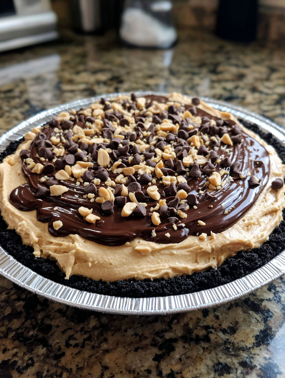 A close up of a no-bake chocolate peanut butter pie.