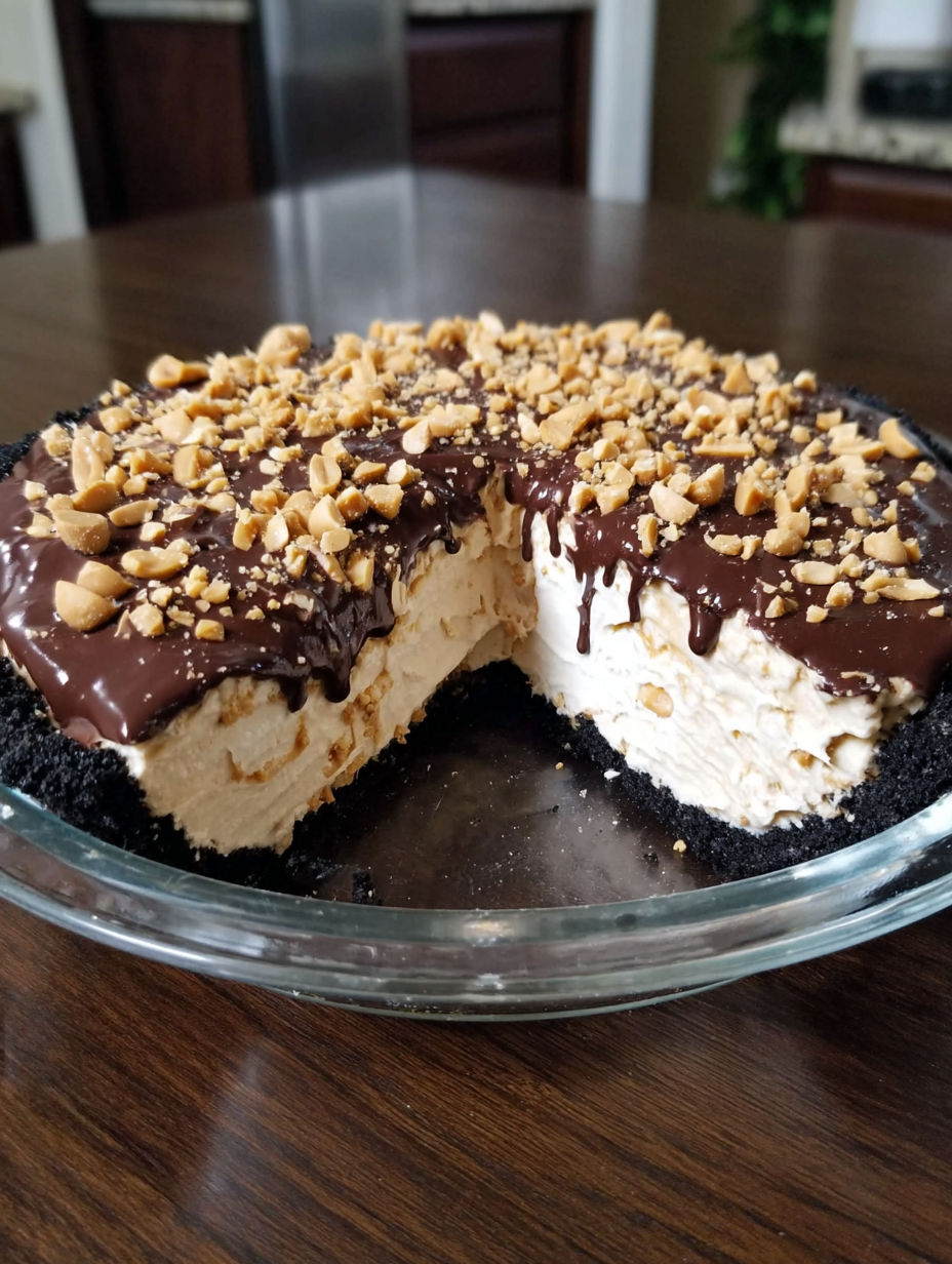 A slice of a no-bake chocolate peanut butter pie.