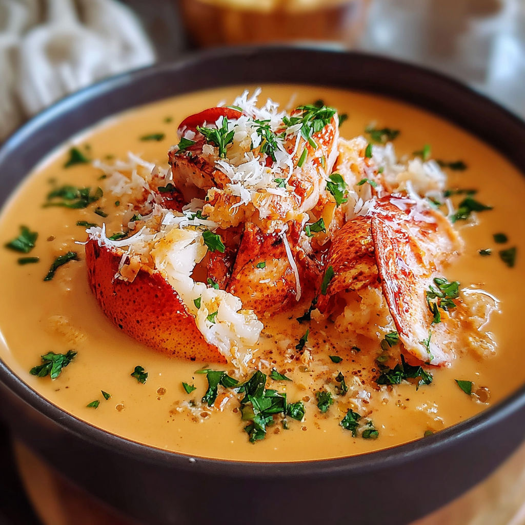 A bowl of lobster bisque with a spoon in it.