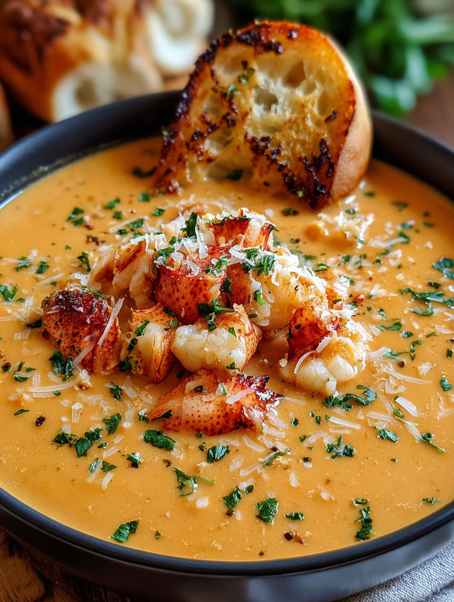 A bowl of lobster bisque with a piece of bread on top.
