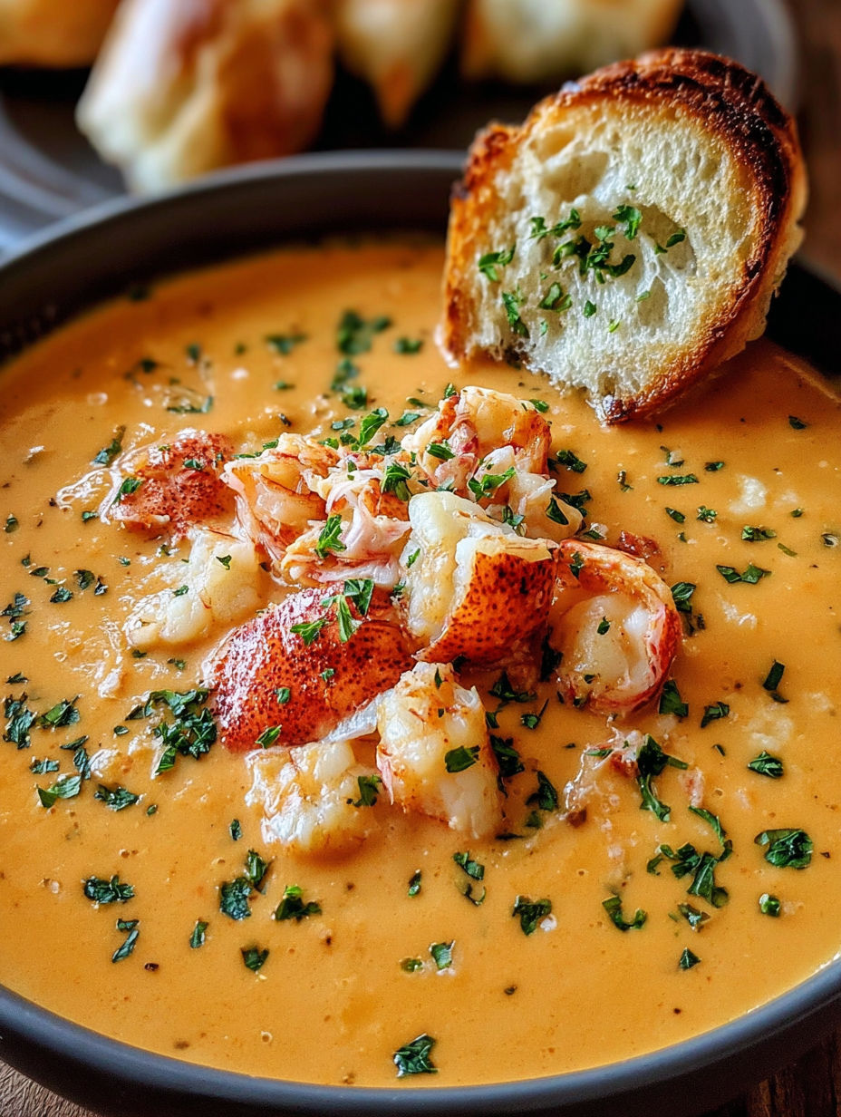 A bowl of lobster bisque with a piece of bread on top.