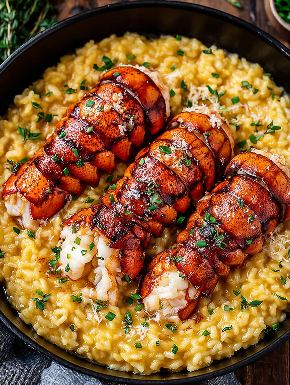 A bowl of risotto with lobster and herbs.