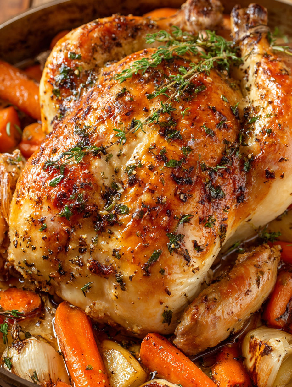 A whole roasted chicken with herbs and spices.