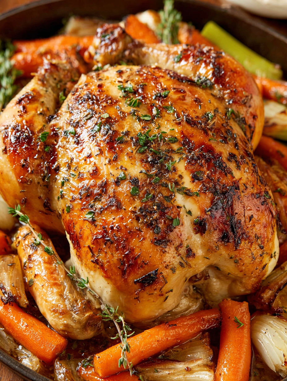 A whole roasted chicken with herbs and spices.