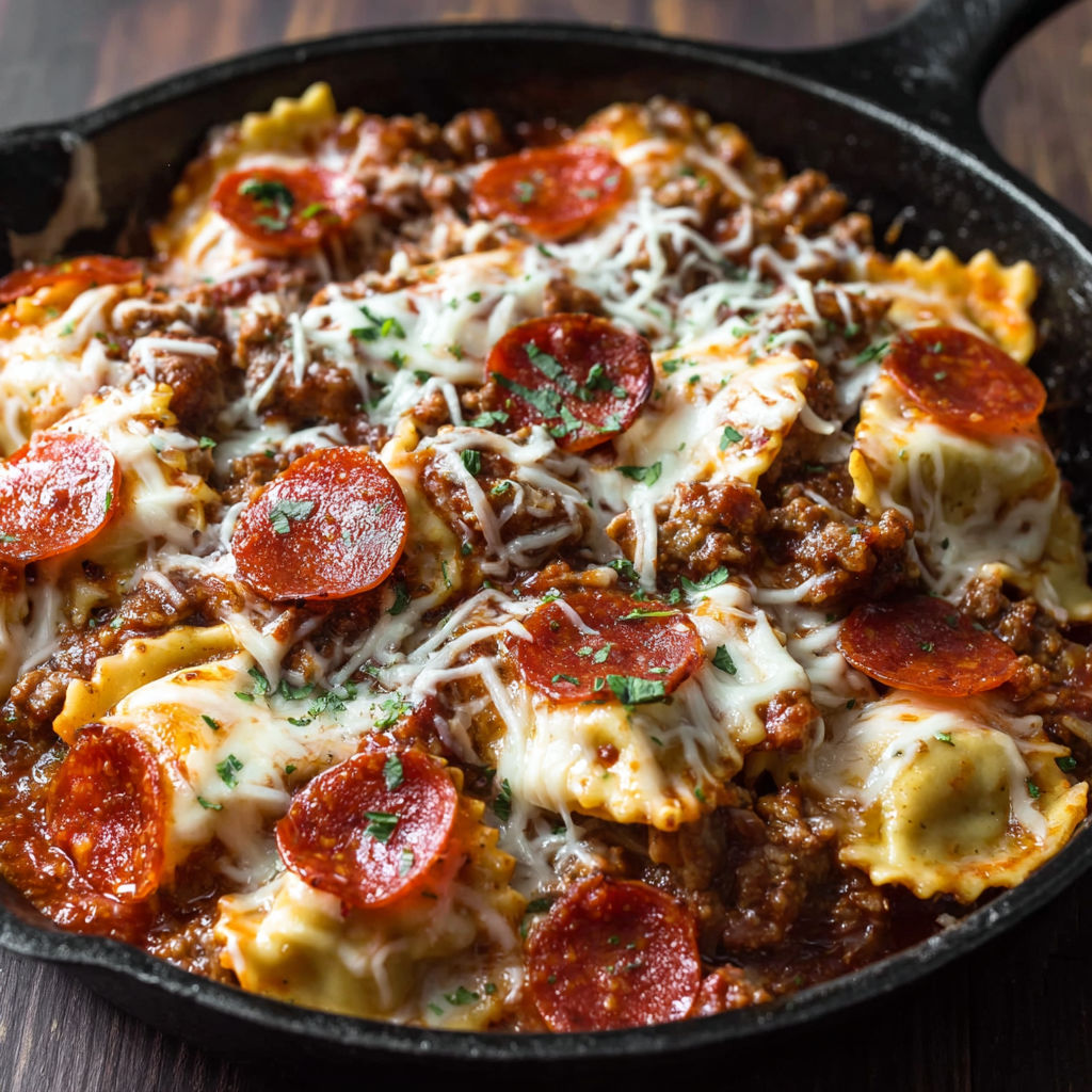 A skillet filled with meat lover's pizza ravioli.