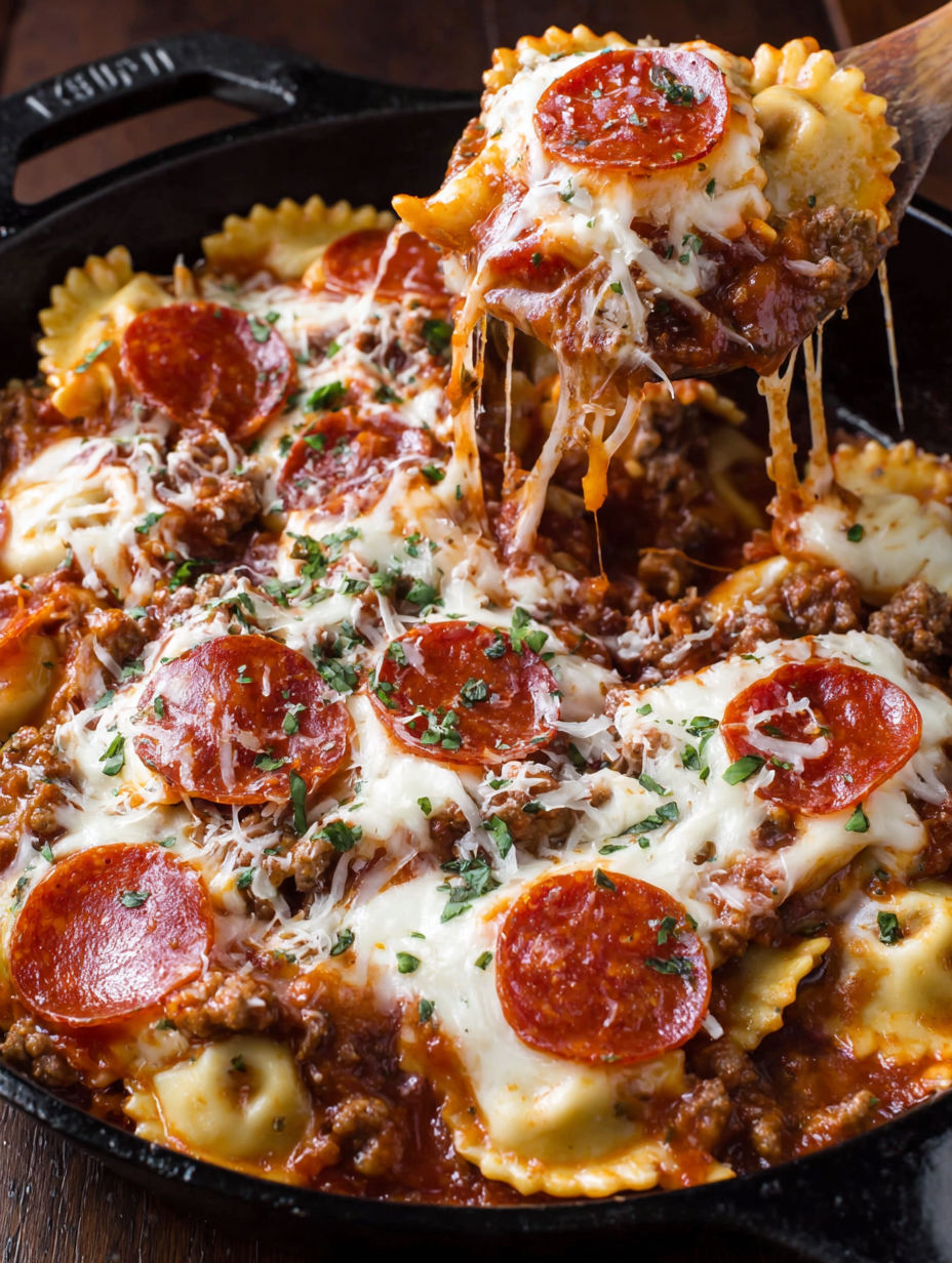 A skillet of meat lover's pizza with pepperoni and cheese.