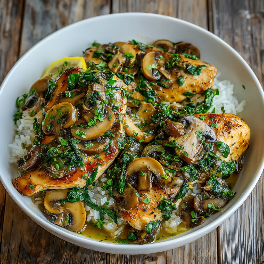A bowl of chicken with mushrooms and spinach.