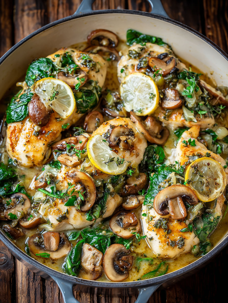 A dish of chicken with mushrooms and spinach.