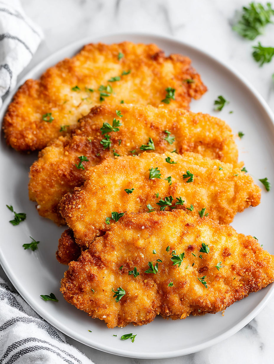 Air fryer chicken cutlets on a plate.