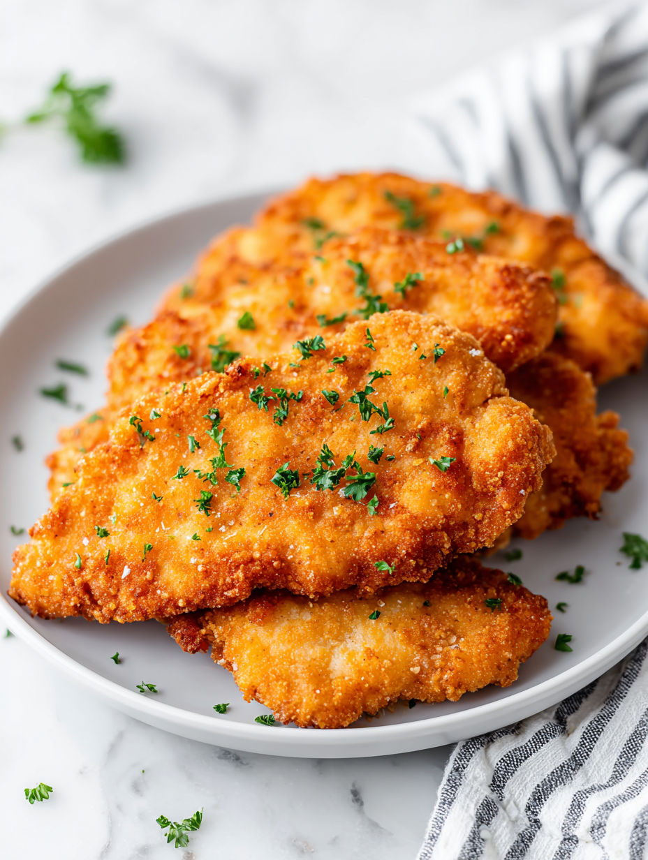 A plate of chicken cutlets with parsley on top.