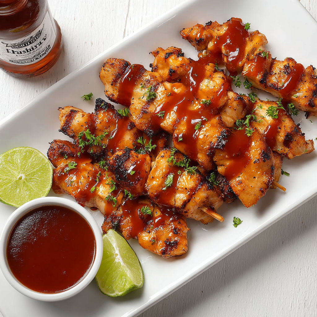 A plate of chicken skewers with a dipping sauce.