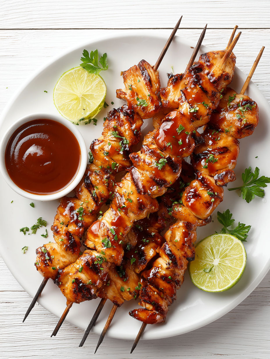 A plate of chicken skewers with a dipping sauce.