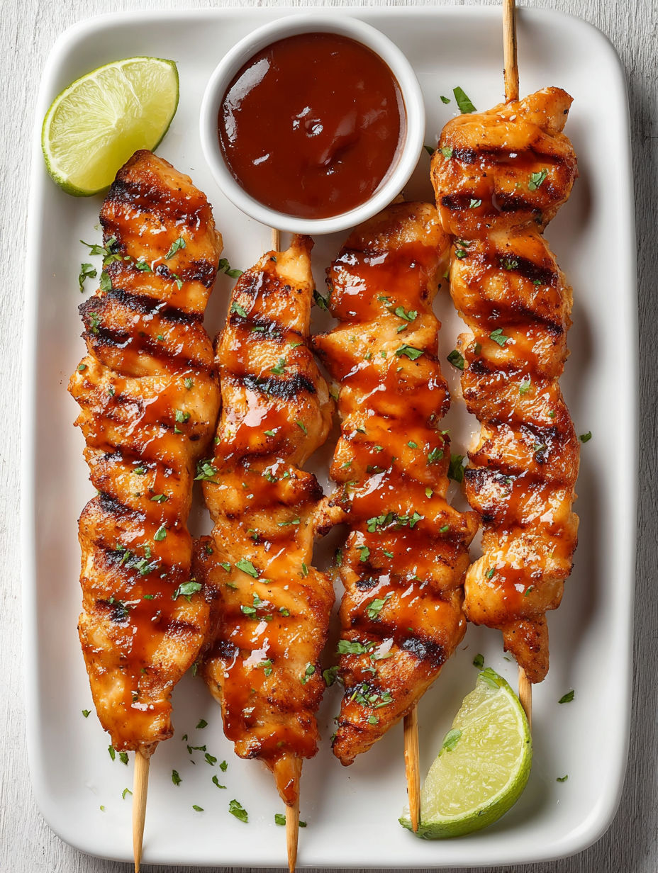 A plate of chicken skewers with a dipping sauce.