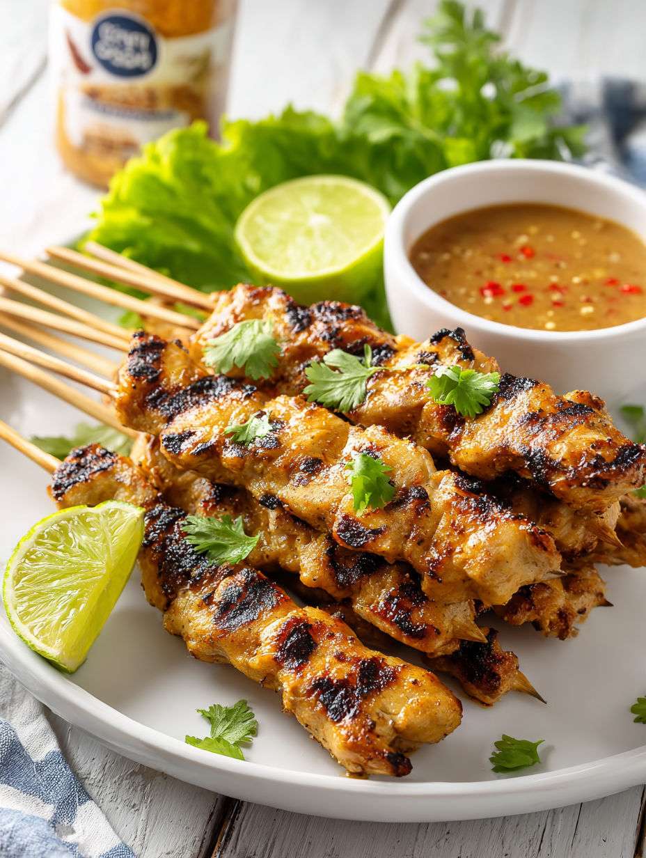 A plate of grilled chicken skewers with a bowl of peanut sauce.