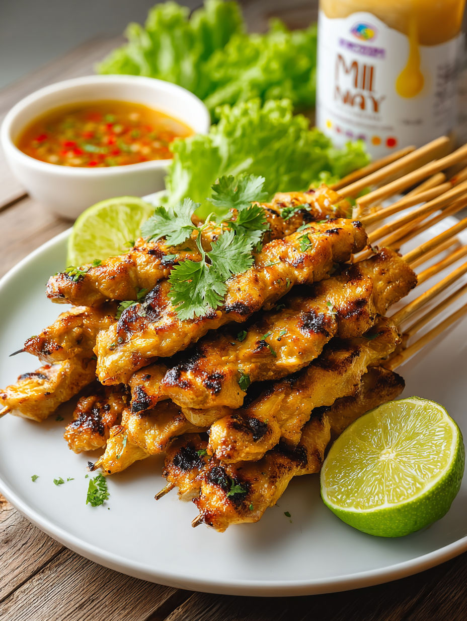 A plate of Thai chicken skewers with a bowl of sauce.