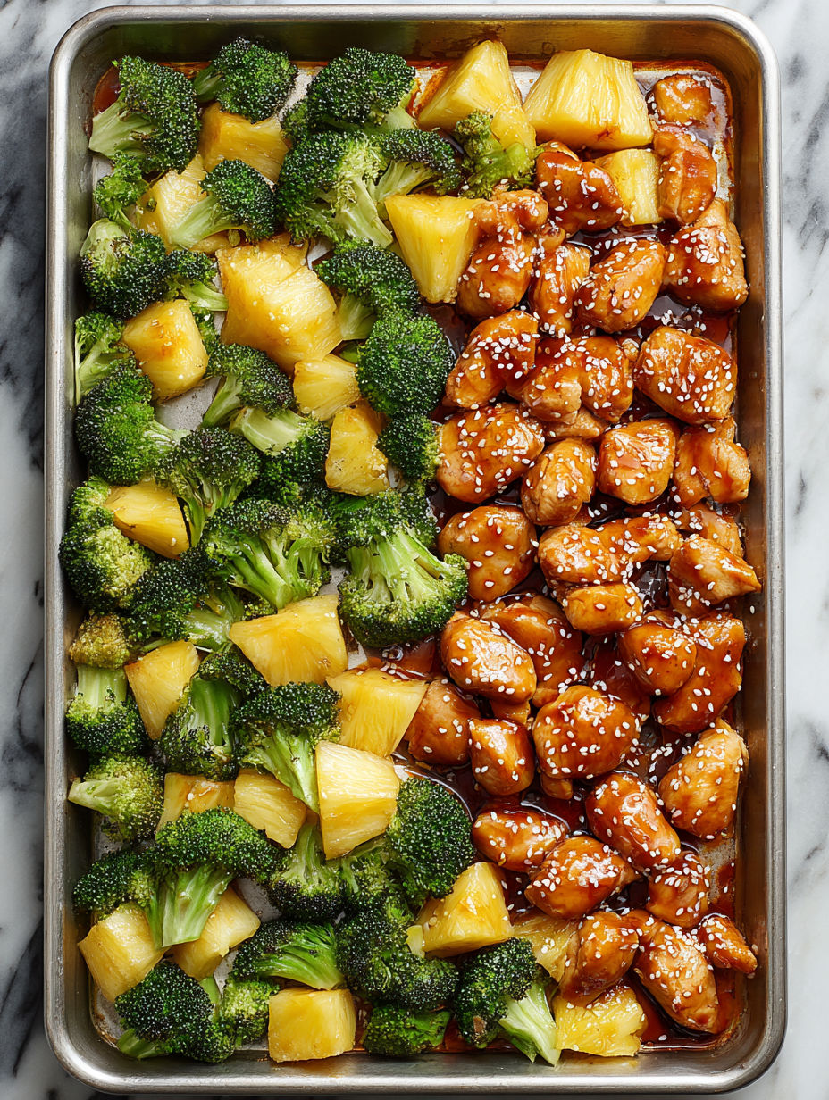 A pan of food with broccoli, pineapple, and chicken.