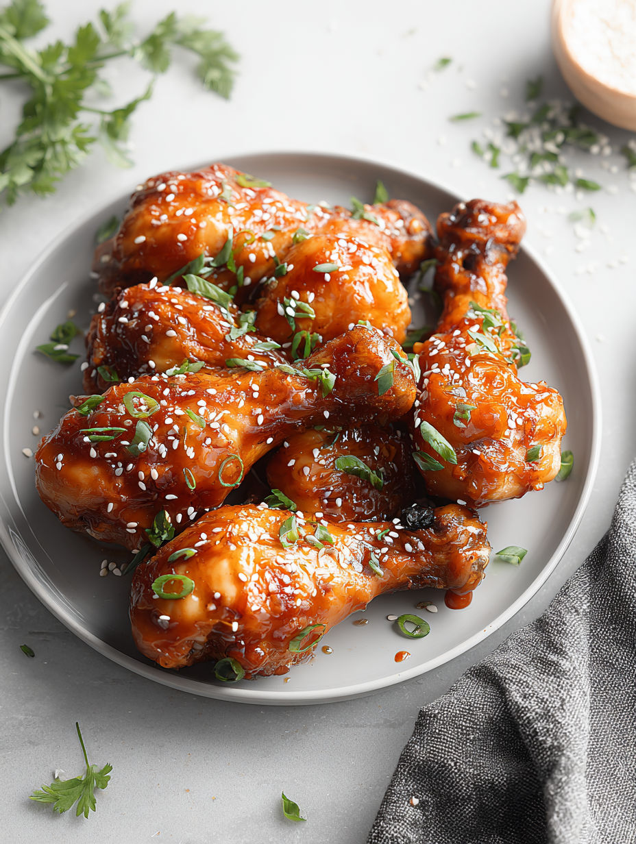 A plate of gluten-free maple sriracha chicken legs.