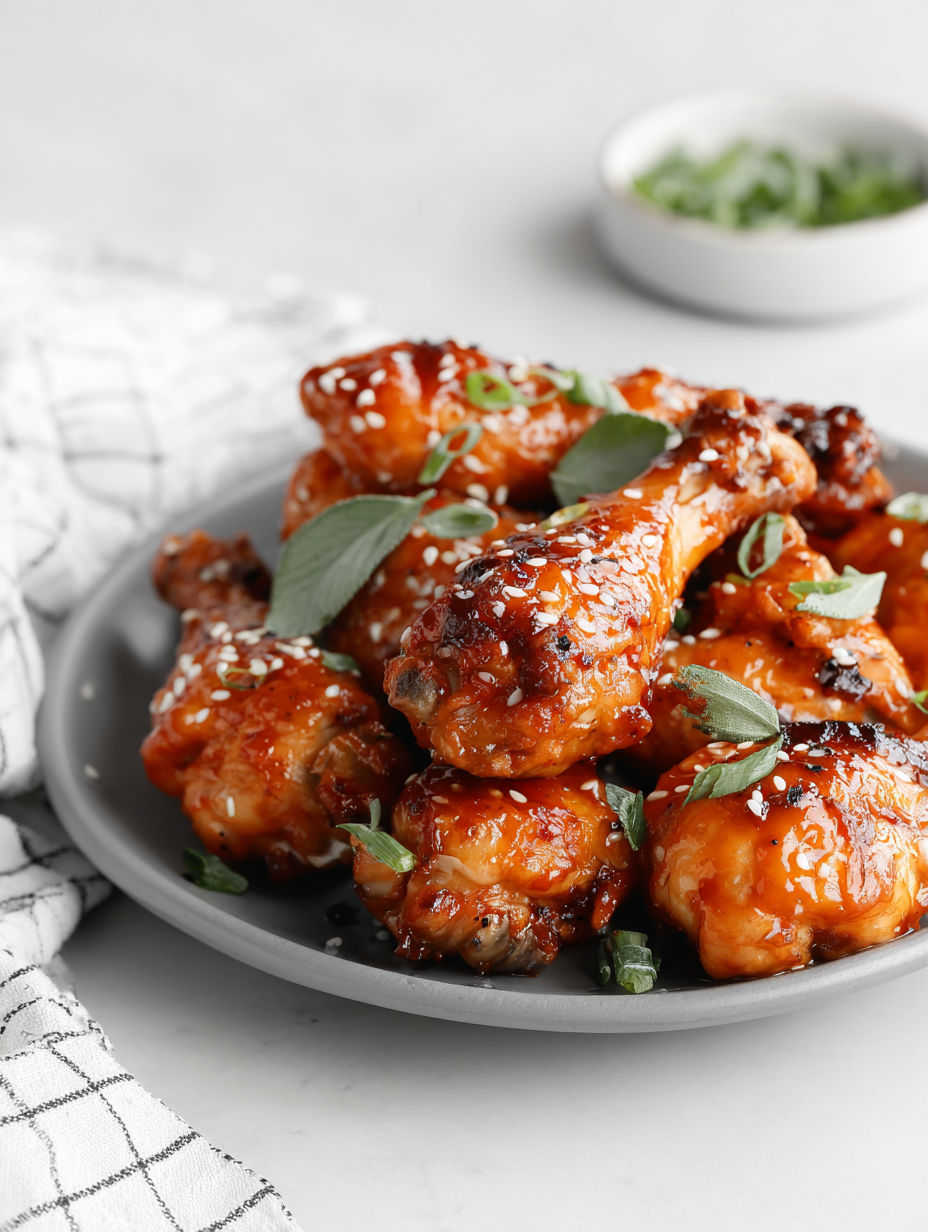 A plate of gluten-free maple sriracha chicken legs.