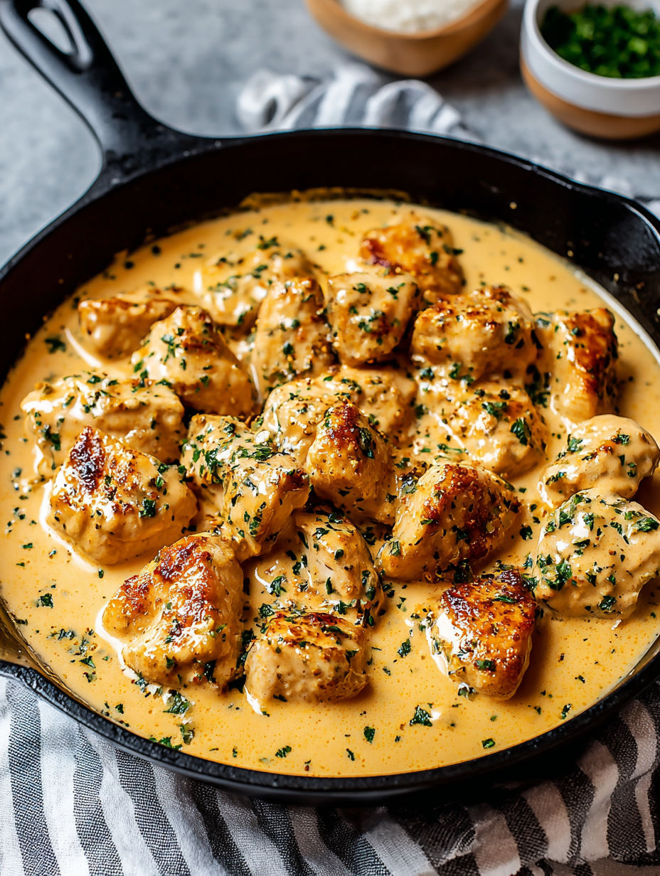 A pan of creamy garlic chicken.