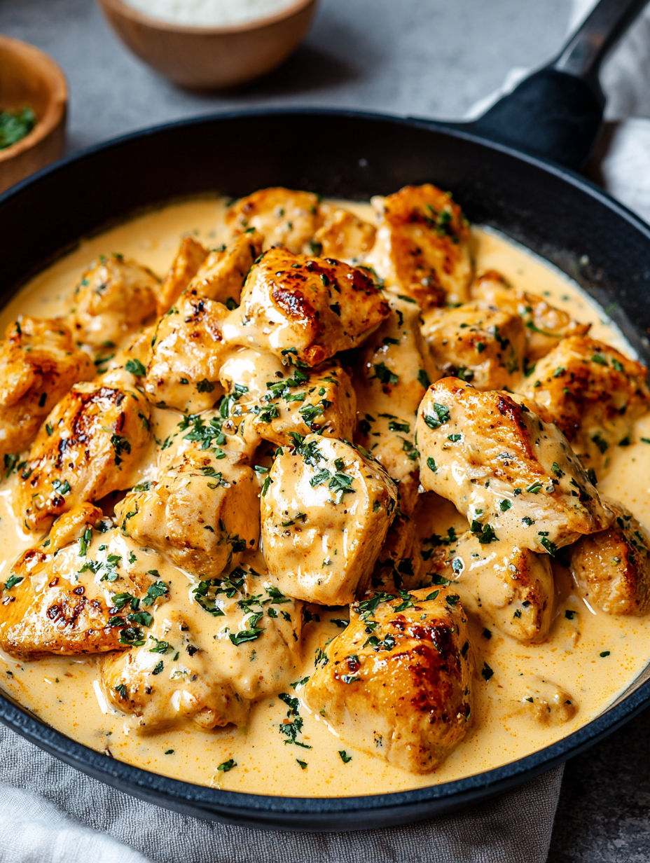 A pan of chicken with a creamy garlic sauce.