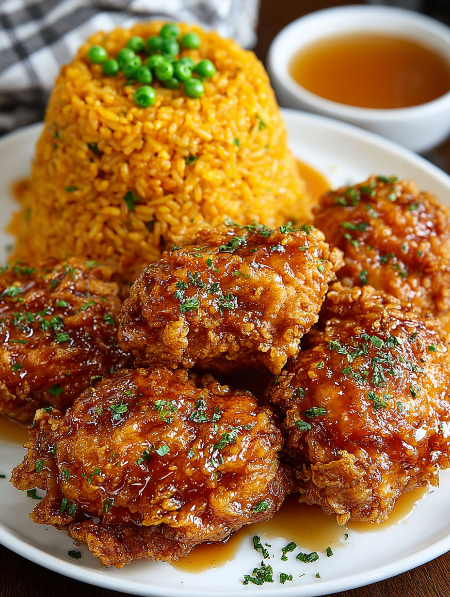 A plate of fried chicken and rice with peas.