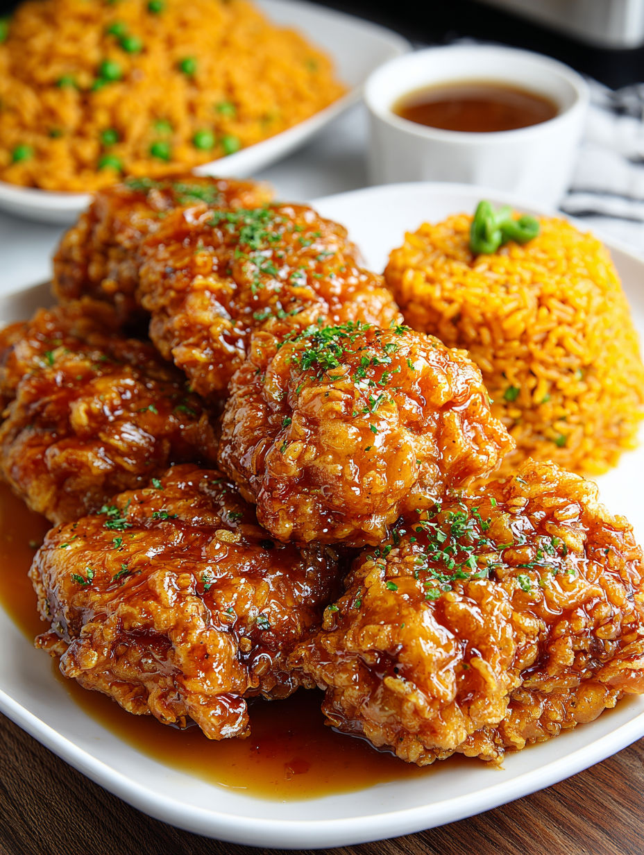 A plate of fried chicken and rice with peas.