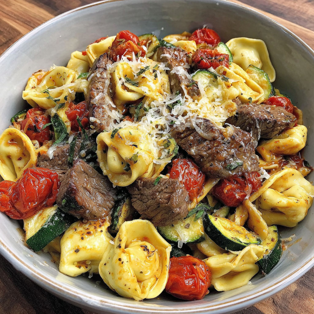 A bowl of pasta with meat and vegetables.