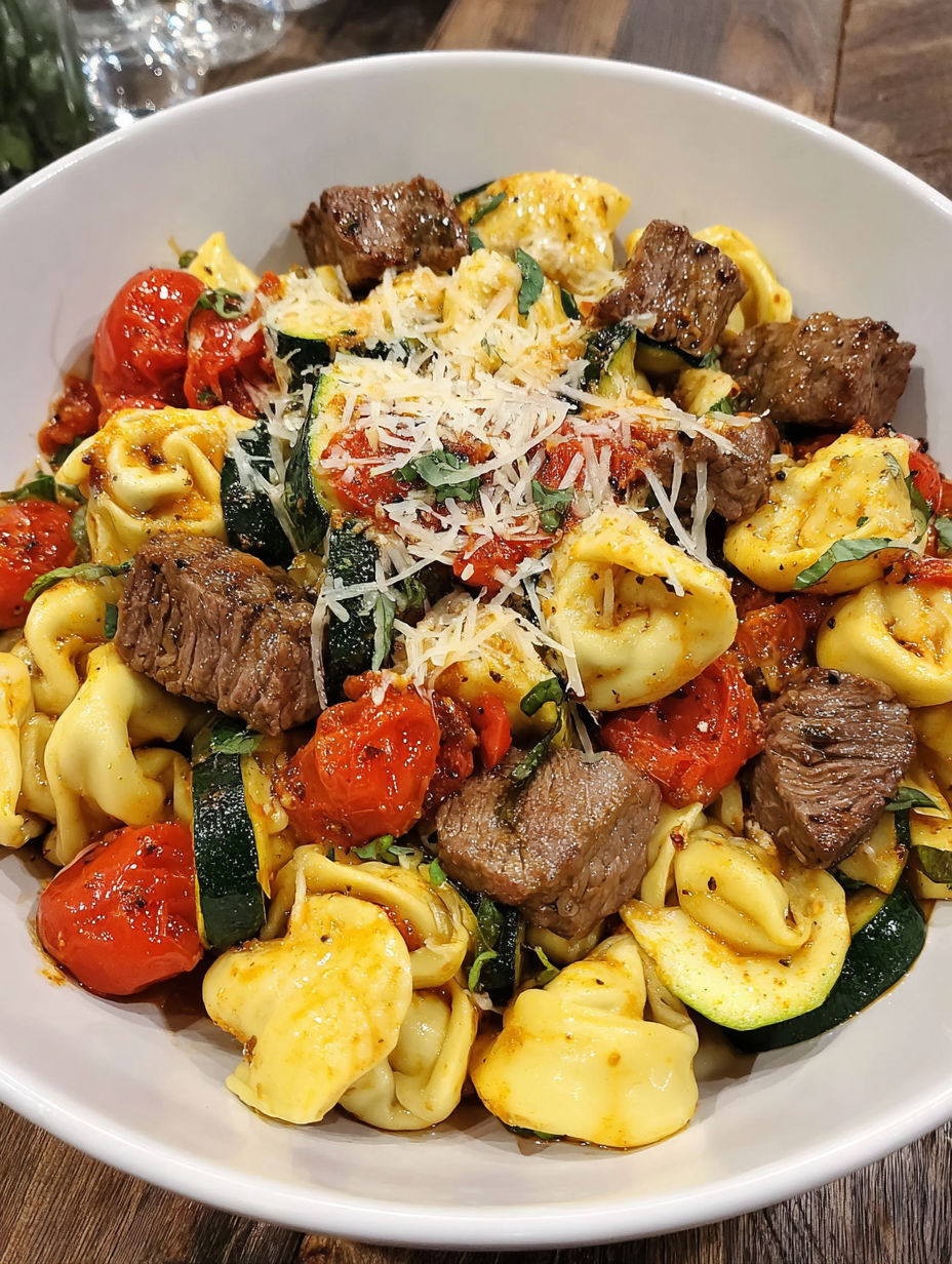 A bowl of food with meat, tomatoes, and pasta.