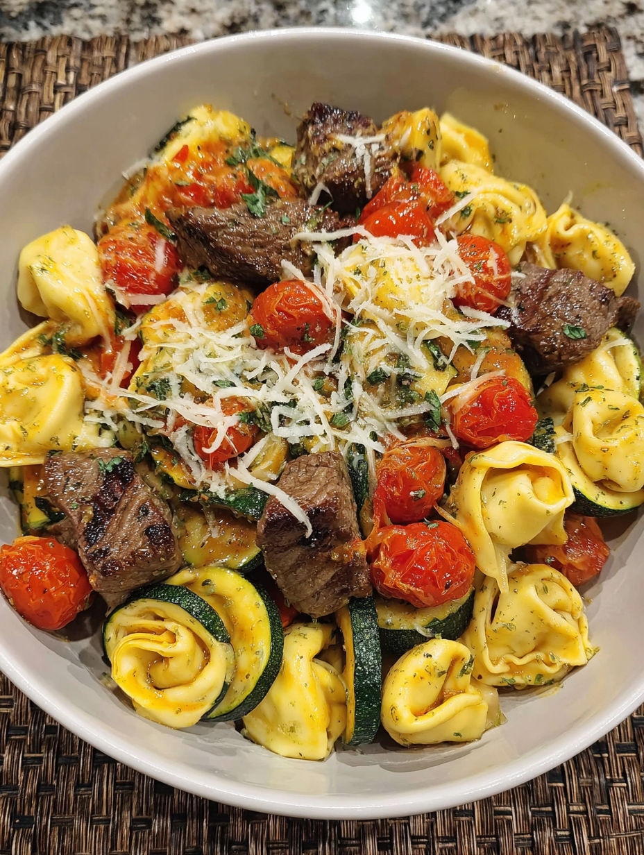 A bowl of food with pasta, meat, and vegetables.