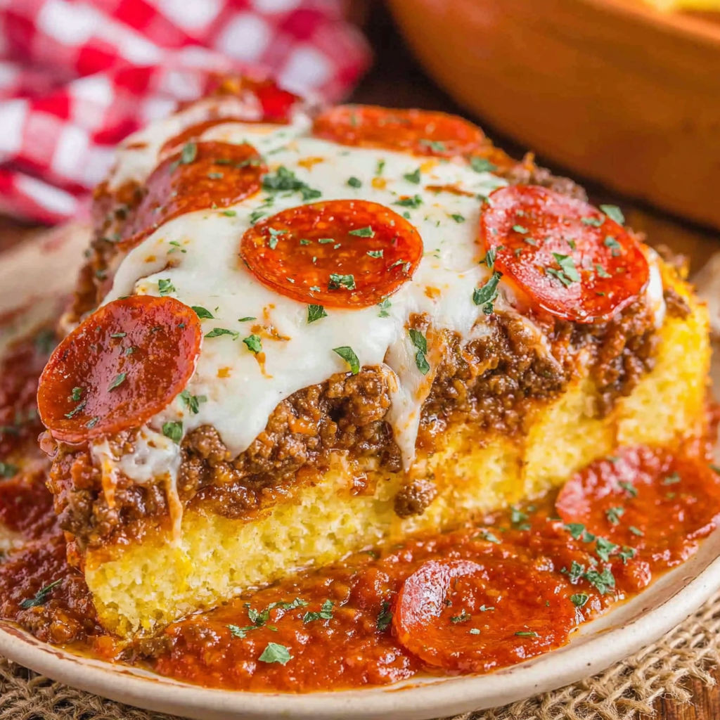 A slice of a keto pizza casserole bake.