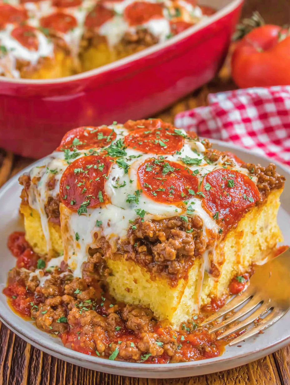 A delicious looking casserole with pepperoni and cheese.