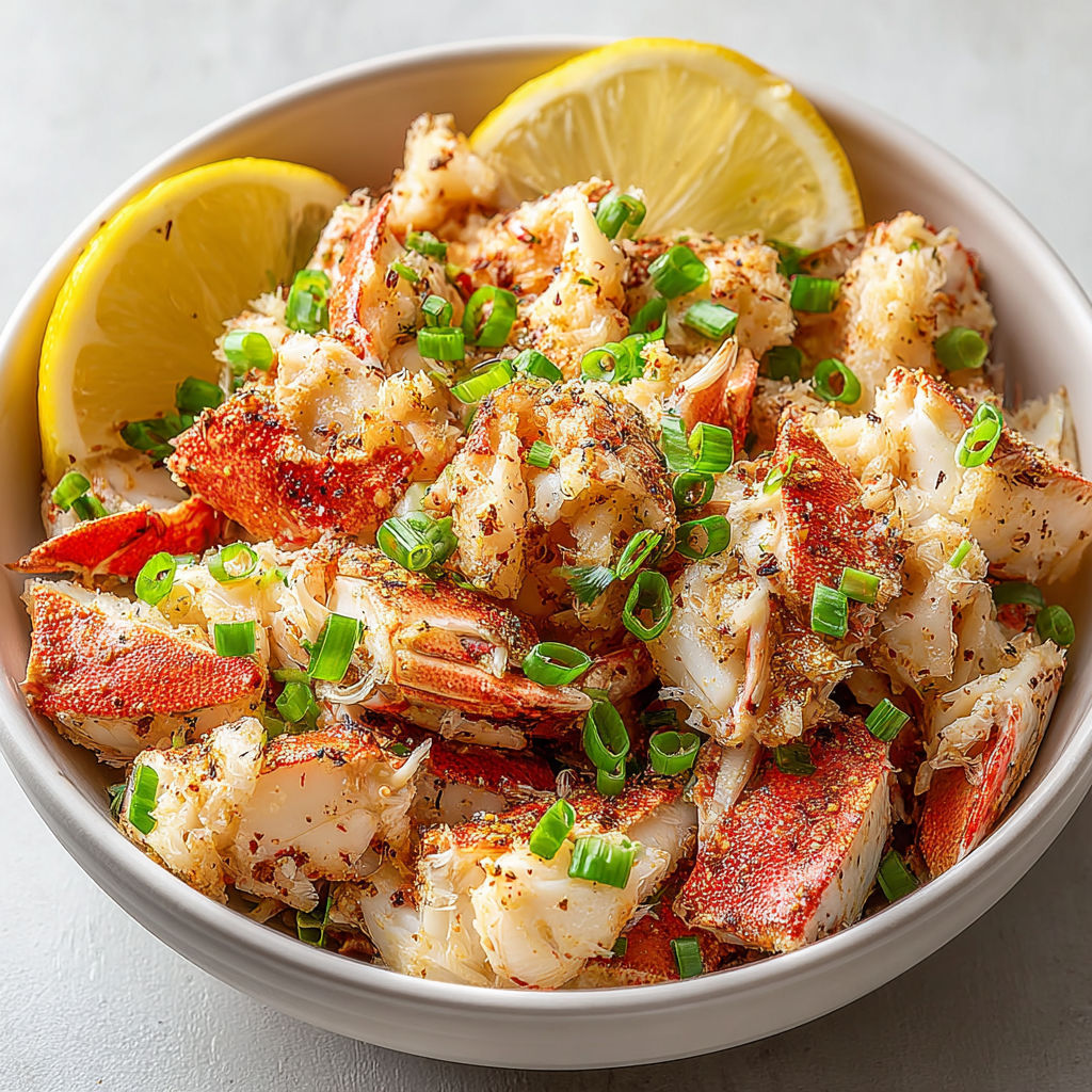 A bowl of crab meat with lemon wedges on top.