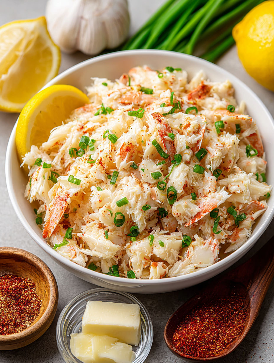 A bowl of crab meat with a lemon wedge and garlic butter.
